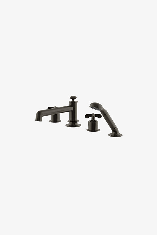 Waterworks | Henry Concealed Tub Filler with Handshower and Cross Handles in Dark Brass