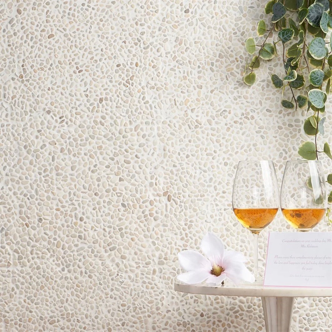 Pebblestone | Micro 11.81 in x 11.81 in Mosaic, in Lovina White Natural Stone