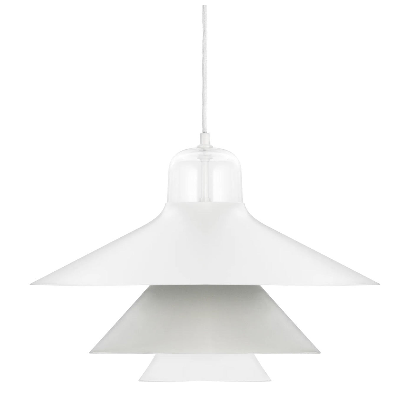 A large grey pendant lamp with a cone-shaped glass cylinder and two layered steel shades.